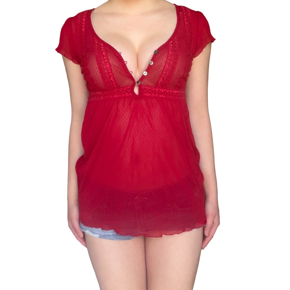 vintage y2k red mesh babydoll henley top short cap sleeve lace trim size xs